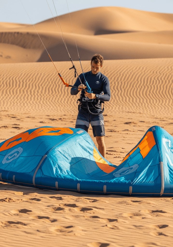 Kitesurfeur préparant ses équipements de kitesurf sur une des plages de Dakhla.